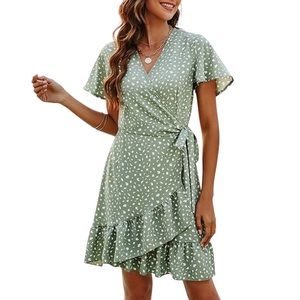 Naggoo Sage Green Dot Beige Wrap Dress